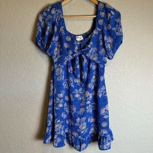 SIENNA SKY Floral Tie Front Detail Ruffle Hem Smocked Back Blue Mini Dress XS